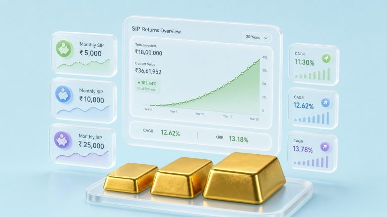 3D isometric glassmorphism SIP dashboard showing ascending growth chart with floating glass cards and gold bars, India personal finance