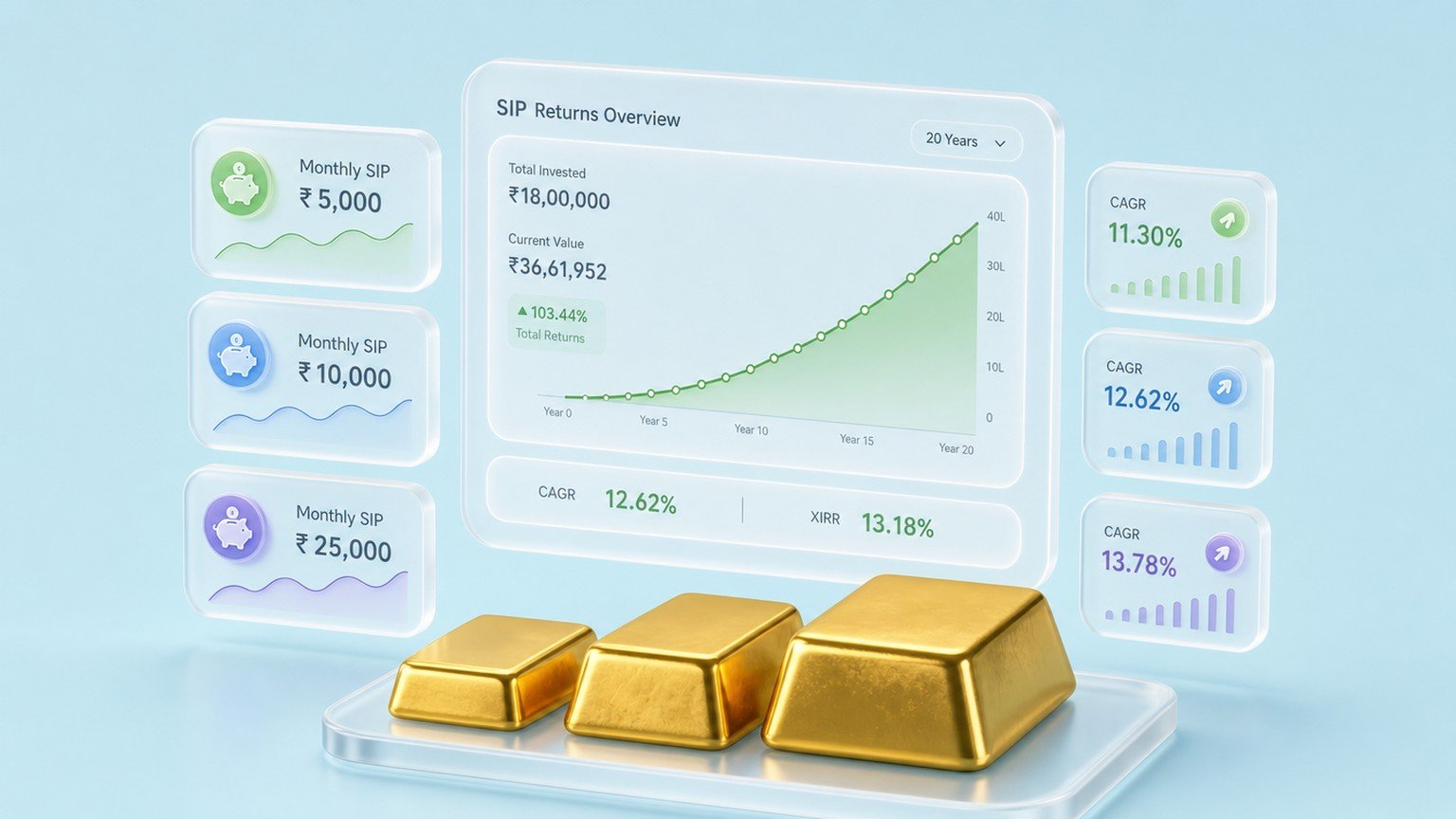3D isometric glassmorphism SIP dashboard showing ascending growth chart with floating glass cards and gold bars, India personal finance