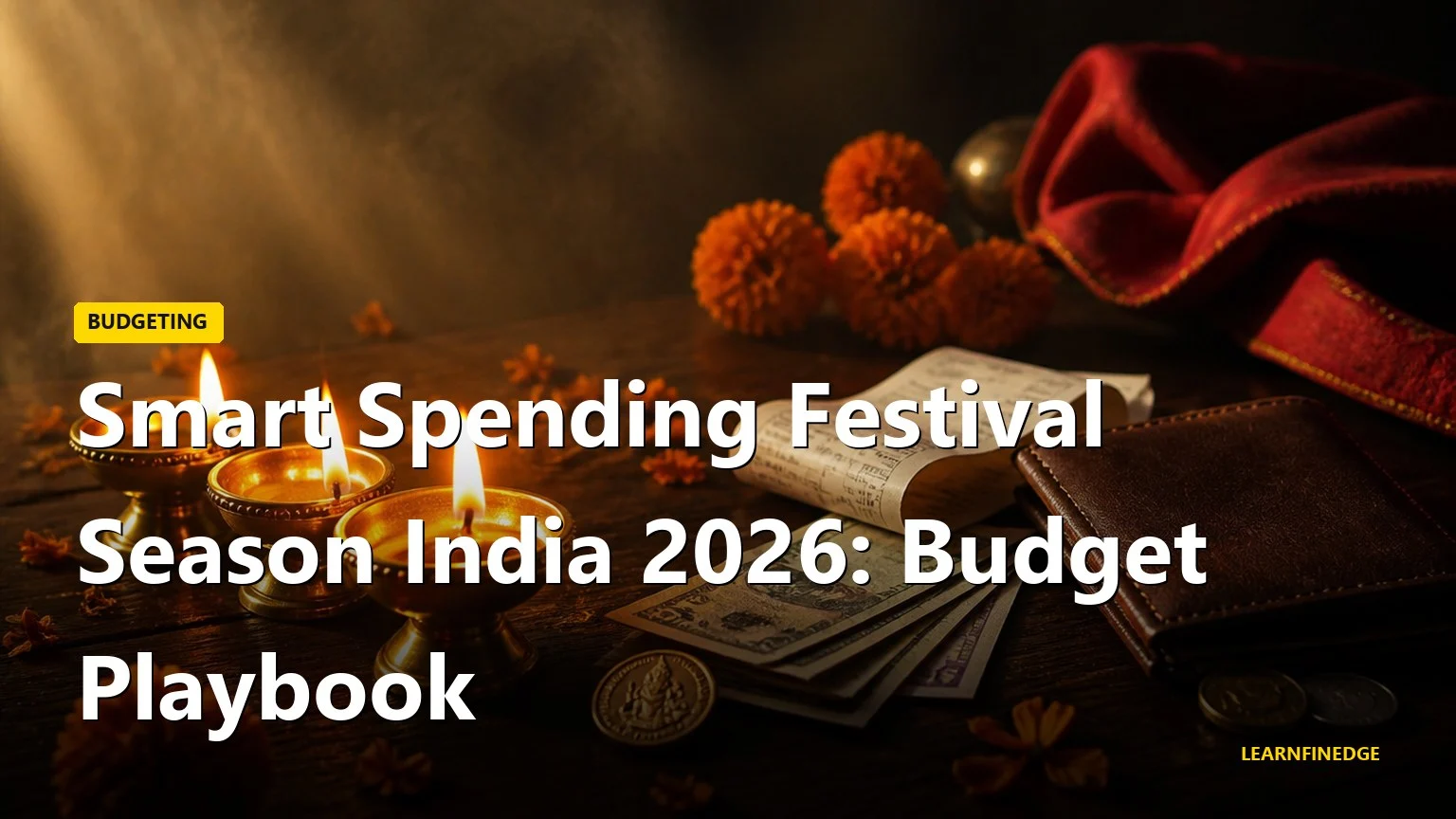Smart spending festival season India editorial scene with diyas, rupee notes, marigold petals
