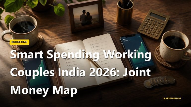 Smart spending working couples India editorial flat-lay with two smartphones, shared notebook, brass calculator, coffee cups