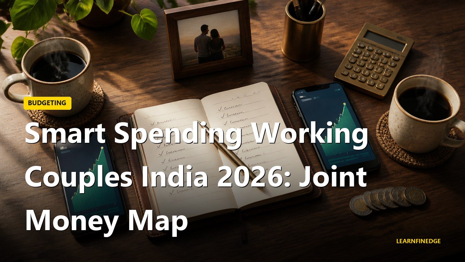 Smart spending working couples India editorial flat-lay with two smartphones, shared notebook, brass calculator, coffee cups