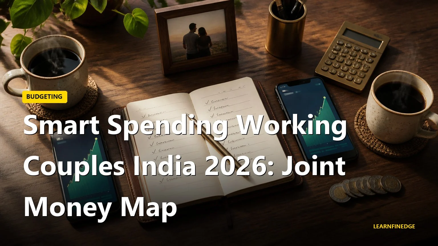 Smart spending working couples India editorial flat-lay with two smartphones, shared notebook, brass calculator, coffee cups