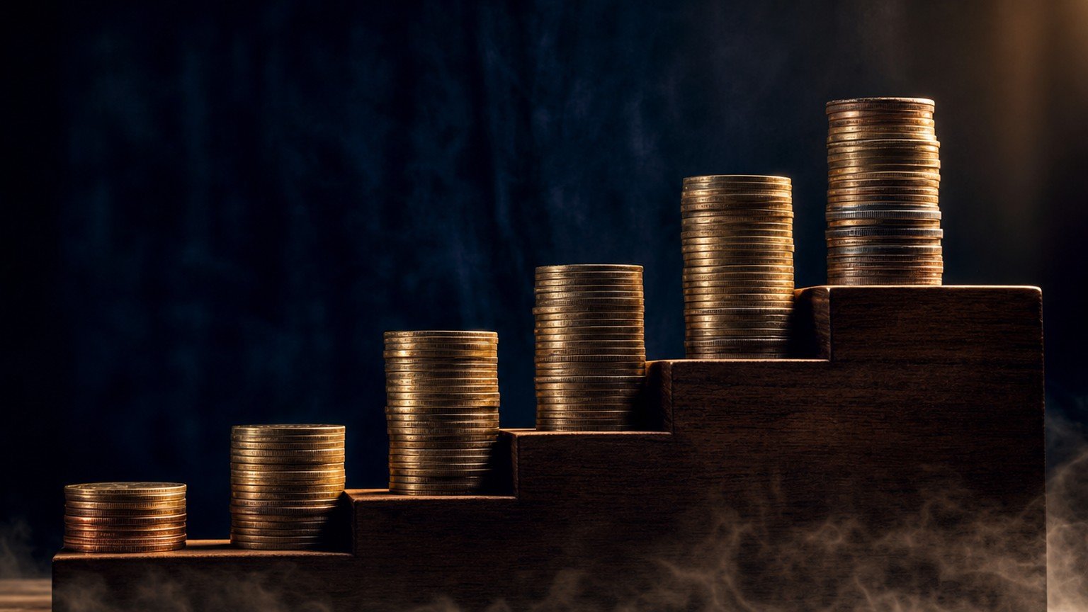 Brass coin staircase ascending diagonally with rupee stacks, illustrating step-up SIP wealth acceleration