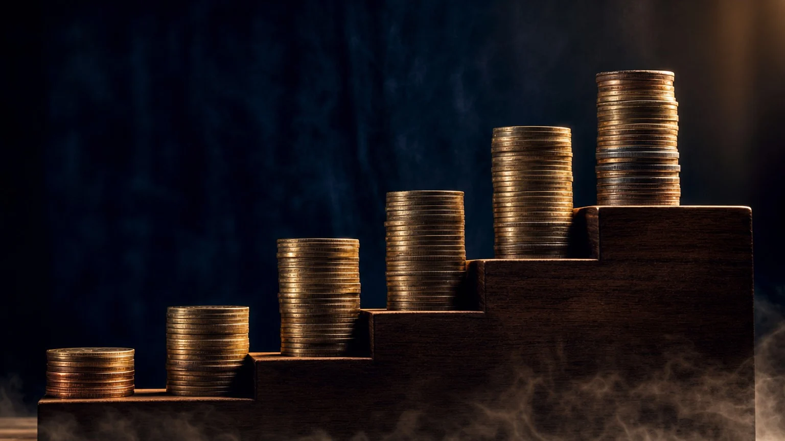 Brass coin staircase ascending diagonally with rupee stacks, illustrating step-up SIP wealth acceleration