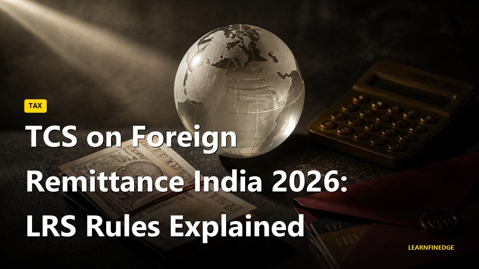 TCS foreign remittance India 2026 editorial still life with a frosted glass globe, rupee notes and an official stamped envelope on dark slate