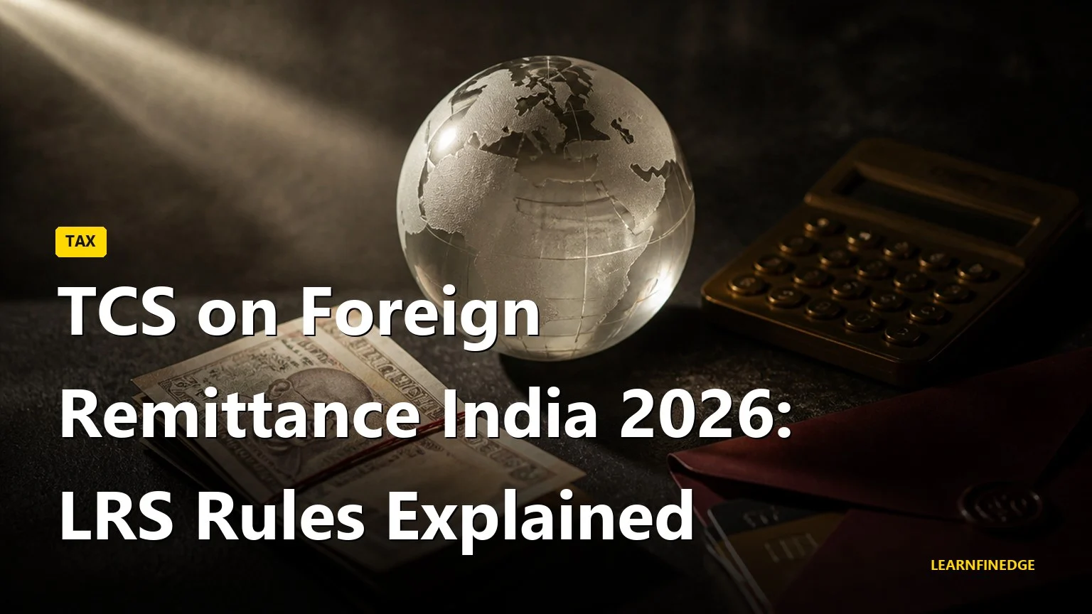 TCS foreign remittance India 2026 editorial still life with a frosted glass globe, rupee notes and an official stamped envelope on dark slate
