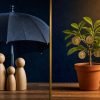 Split frame showing an umbrella sheltering a family on the left and a money-growing potted plant on the right, contrasting term insurance with investment
