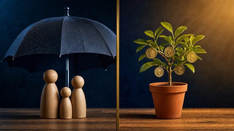 Split frame showing an umbrella sheltering a family on the left and a money-growing potted plant on the right, contrasting term insurance with investment