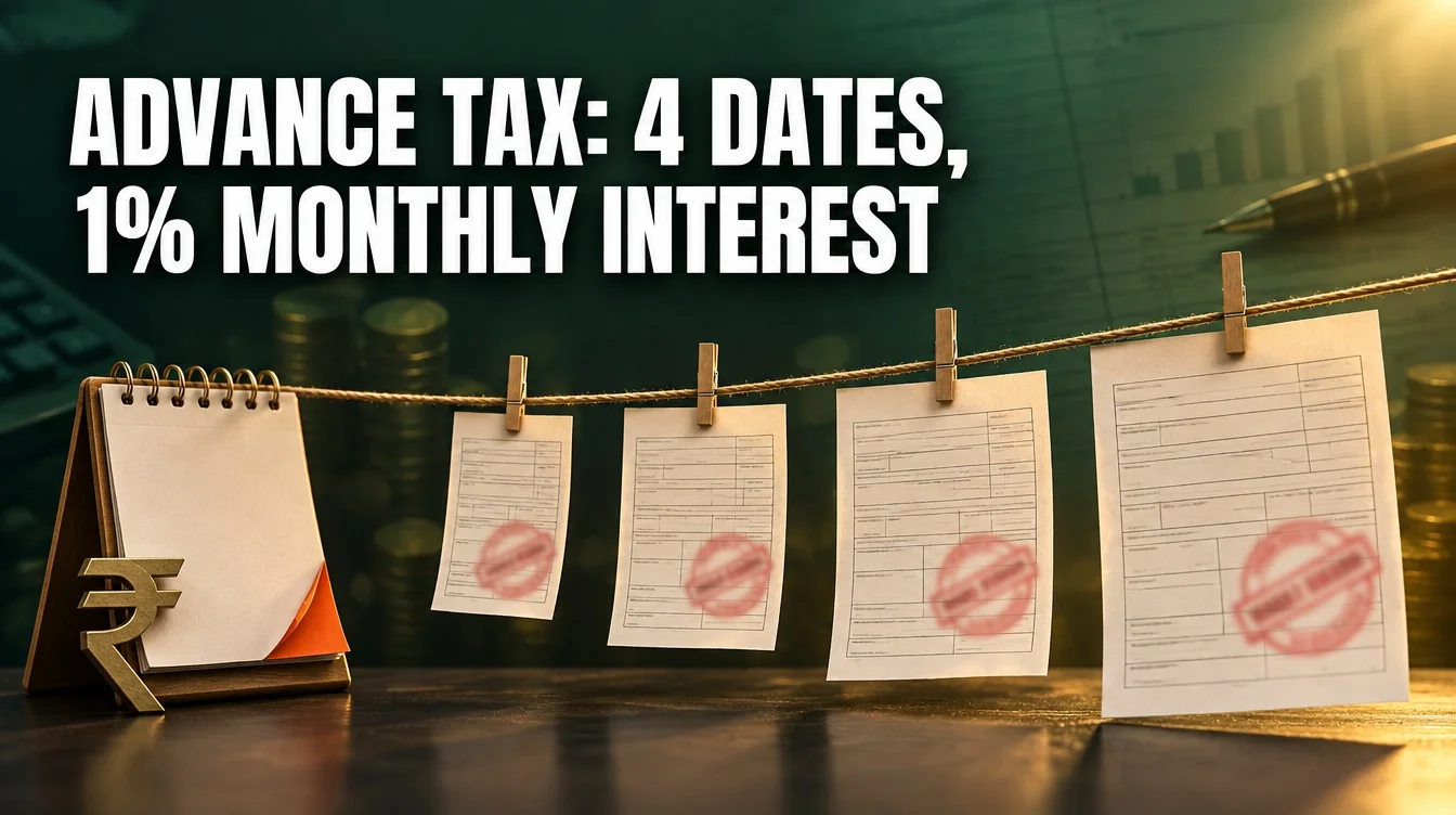 Four growing tax challan receipts on a string by a flagged calendar: advance tax instalments India 2026