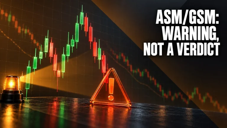 ASM GSM framework stocks India 2026: amber surveillance beam and warning triangle over a volatile candlestick chart