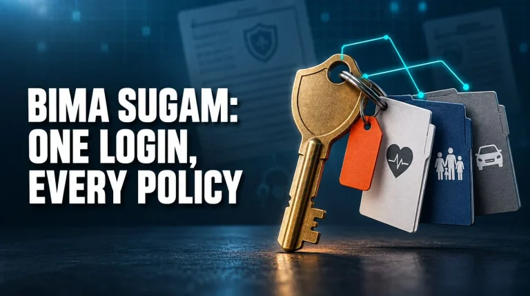 One brass key on a ring with life, health and motor policy folders: Bima Sugam India 2026 single insurance login