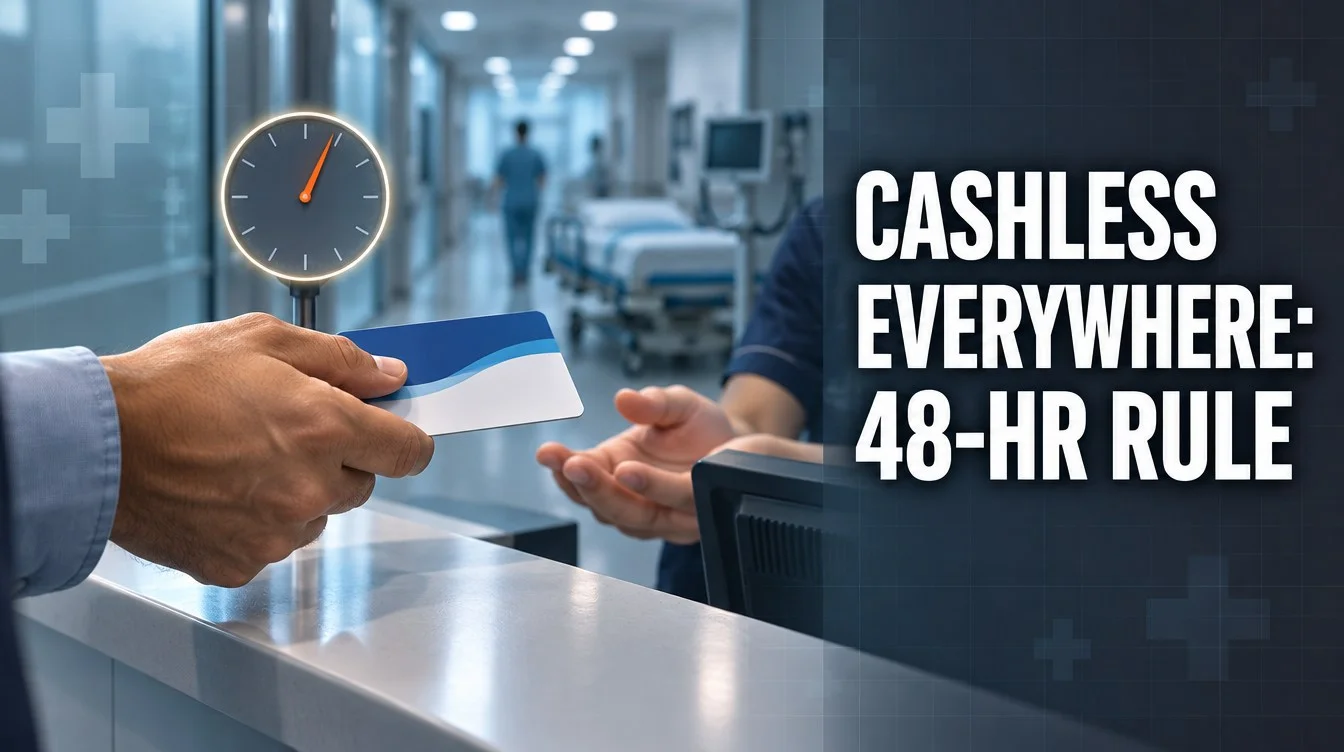 Health insurance card and 48-hour intimation clock at a hospital counter for cashless everywhere claims in India 2026