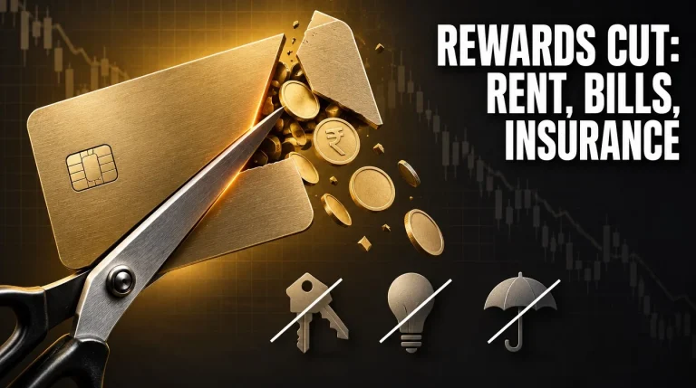 Scissors cutting a gold credit card with reward coins spilling, credit card rewards cut India 2026