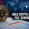 Bitcoin coin on an ITR Schedule FA form with one glowing form box over a navy world map, foreign crypto reporting India 2026