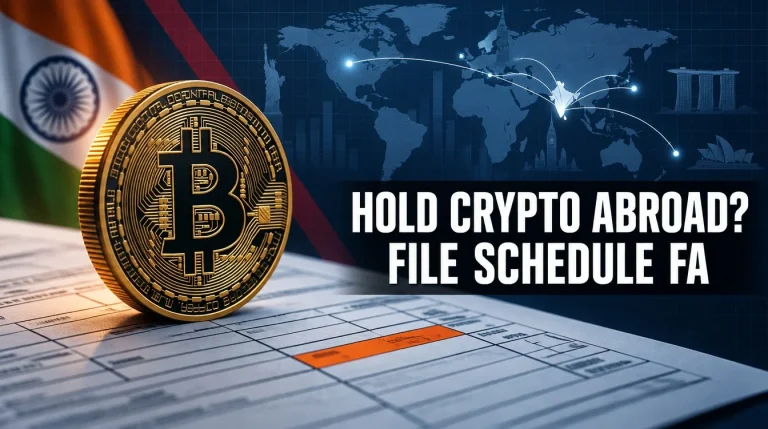 Bitcoin coin on an ITR Schedule FA form with one glowing form box over a navy world map, foreign crypto reporting India 2026