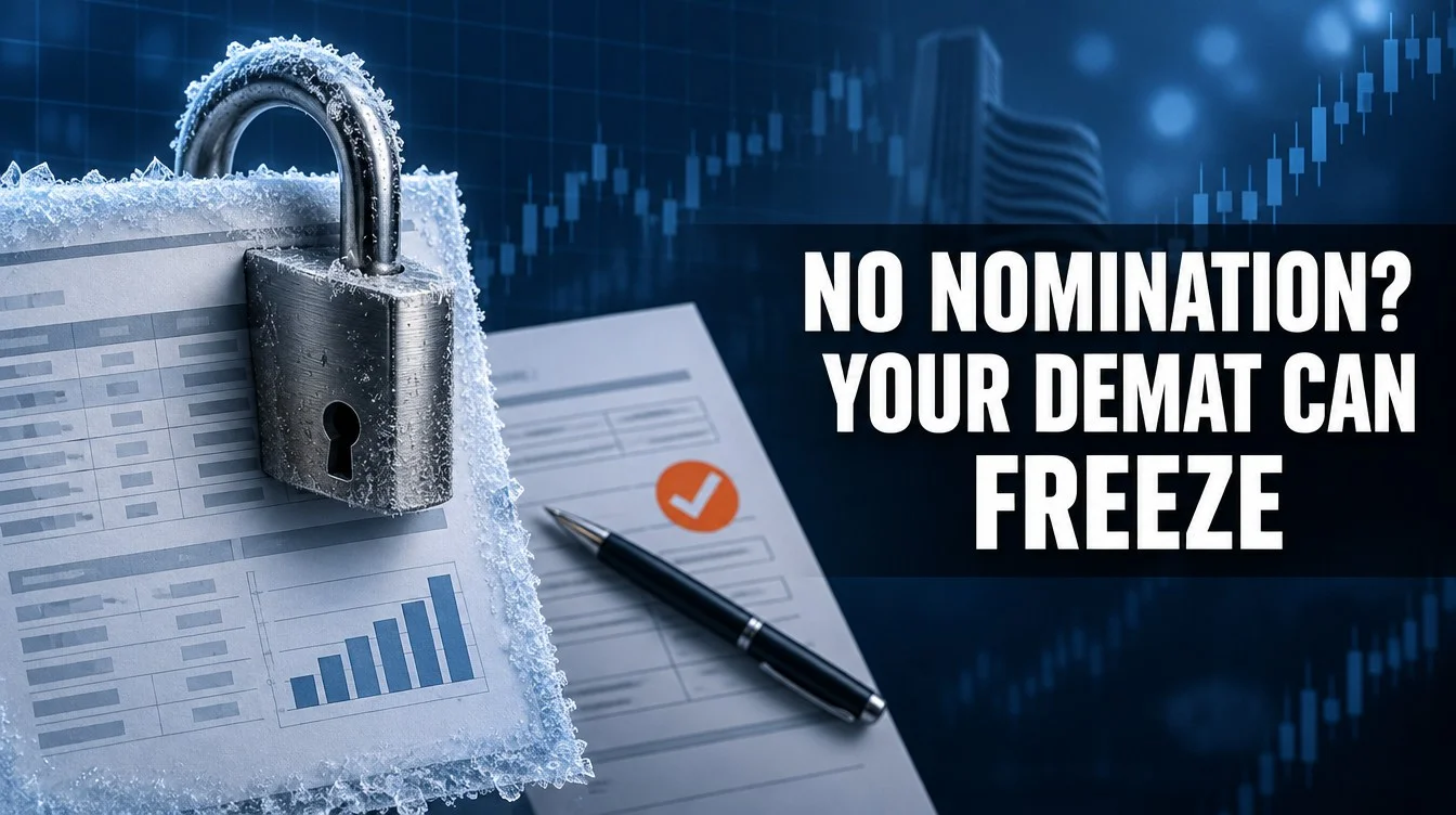 Frost-rimmed padlock on a demat statement beside a nomination form: SEBI demat nomination rules and freeze risk, India 2026
