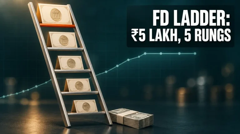 Five-rung steel ladder holding fixed deposit certificates with a plateauing rate line, FD laddering strategy India 2026
