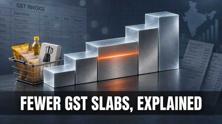 Five steel steps merging into fewer slabs beside a basket of household goods, GST rate rationalisation India 2026