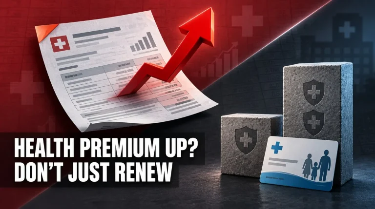 Health insurance renewal notice with rising arrow beside stacked cover layers: health insurance premium India 2026 renewal