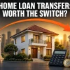 Indian house with an orange arrow arcing between two banks and a calculator, home loan balance transfer India 2026
