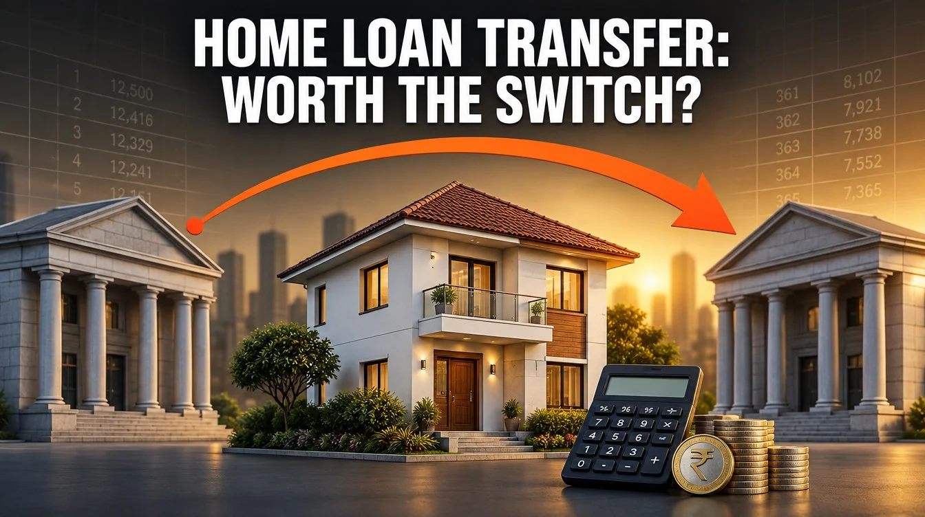 Indian house with an orange arrow arcing between two banks and a calculator, home loan balance transfer India 2026