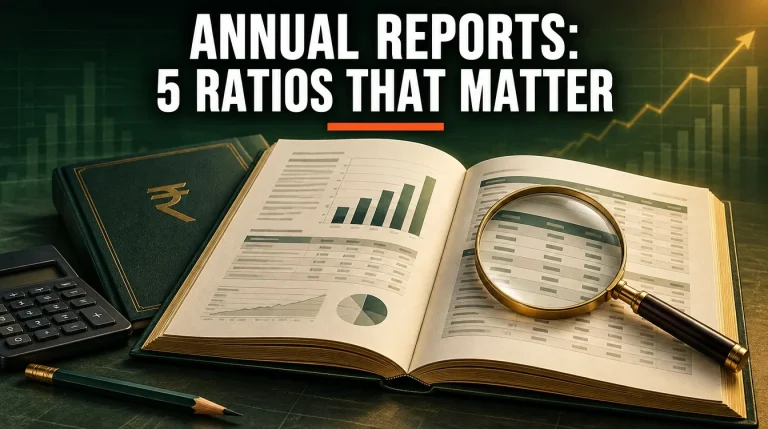 Magnifying glass and calculator on an open annual report: how to read annual report ratios in India, beginner guide