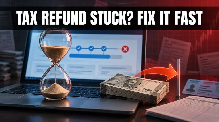 Hourglass on a laptop with a stalled e-filing bar and blocked rupee refund arrow, income tax refund delay fixes India 2026