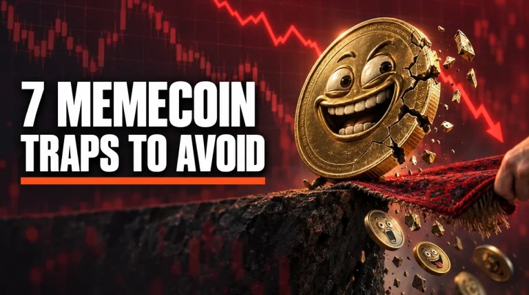 Cracking novelty crypto coin on a rug being pulled away with a plunging price line, memecoin investing risks India 2026