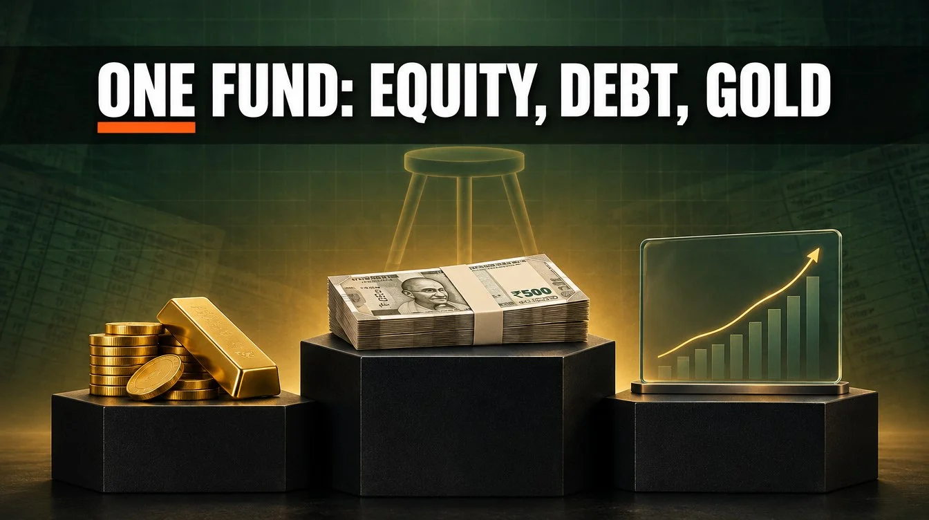 Multi asset allocation fund India 2026: gold coins, rupee notes and stock chart on three podiums, one fund headline