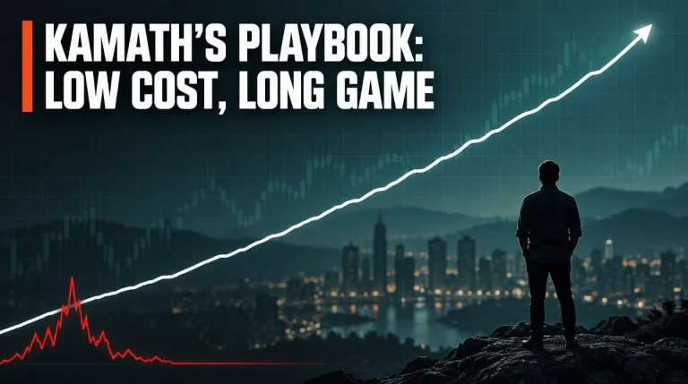 Anonymous investor silhouette watching a steady rising line, Nithin Kamath investing playbook India 2026