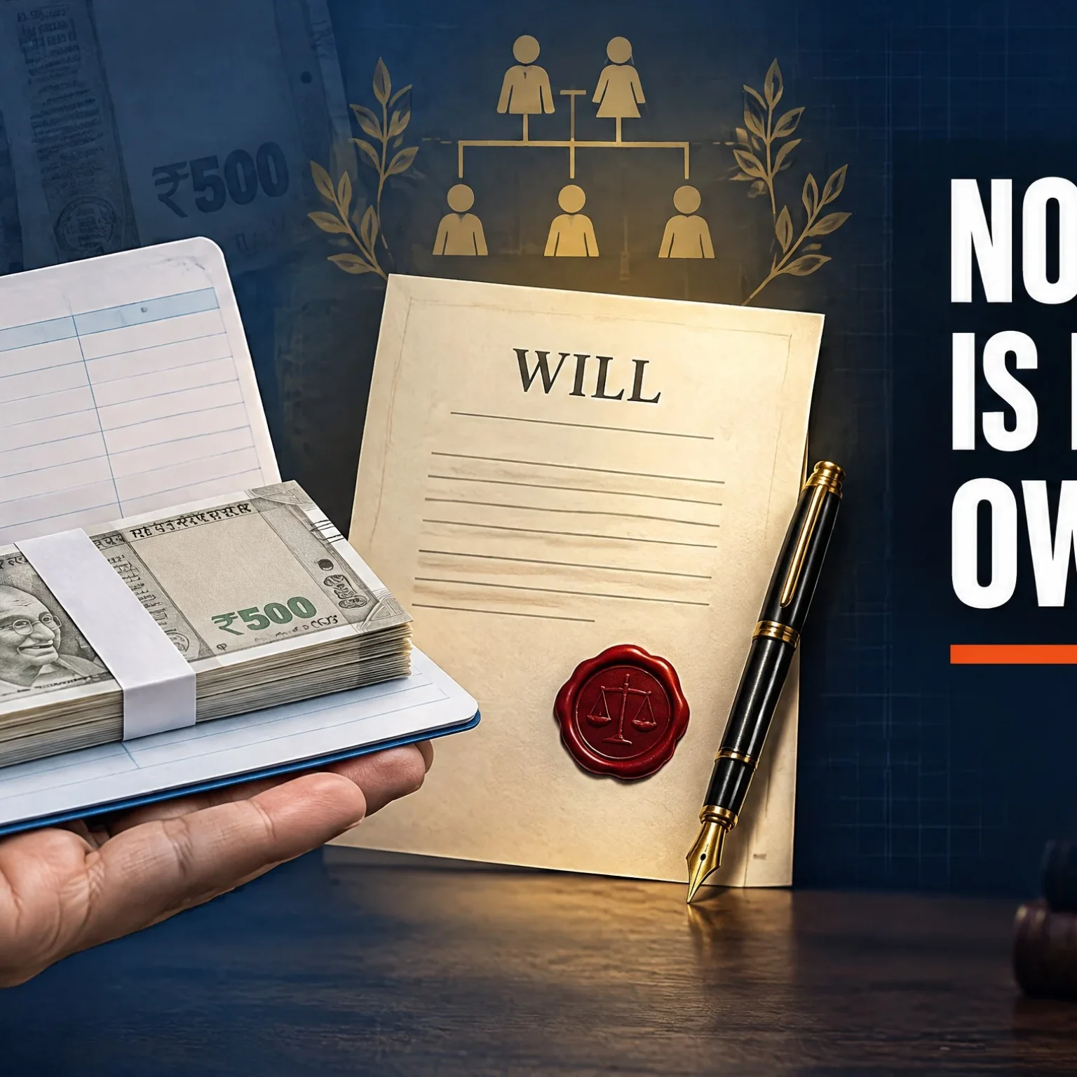 Nominee vs legal heir for bank accounts in India 2026: passbook and sealed will showing nominee receives, heir owns