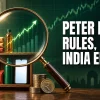 Magnifying glass over everyday Indian products revealing a rising stock chart, Peter Lynch principles India 2026