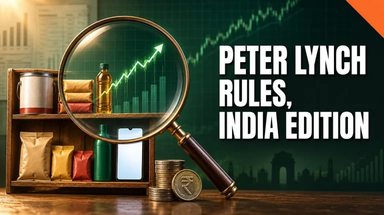 Magnifying glass over everyday Indian products revealing a rising stock chart, Peter Lynch principles India 2026