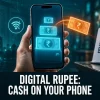 Smartphone CBDC wallet with digital rupee tokens and a merchant QR stand from the RBI e-rupee retail pilot 2026