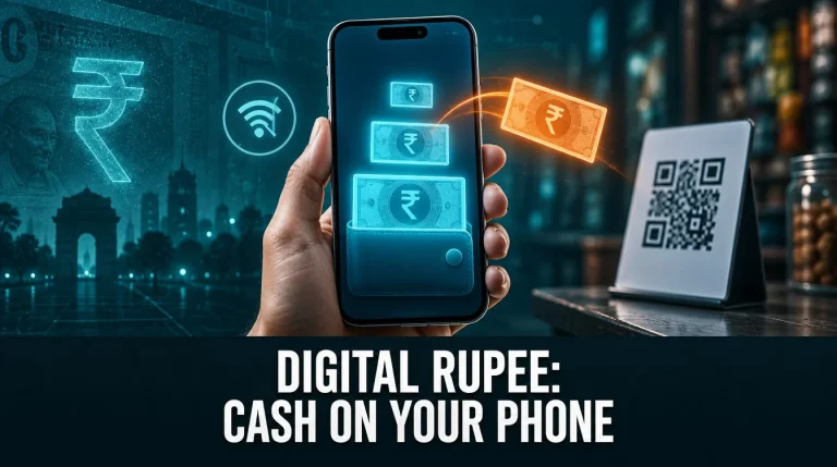 Smartphone CBDC wallet with digital rupee tokens and a merchant QR stand from the RBI e-rupee retail pilot 2026