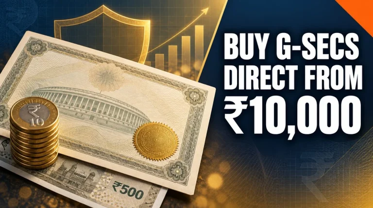 Government bond certificate with stacked rupee coins and a gold shield for the RBI Retail Direct G-Secs guide India 2026
