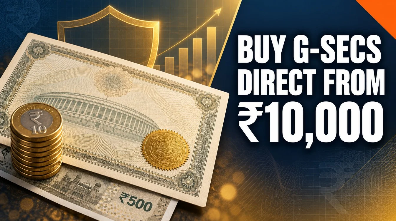 Government bond certificate with stacked rupee coins and a gold shield for the RBI Retail Direct G-Secs guide India 2026