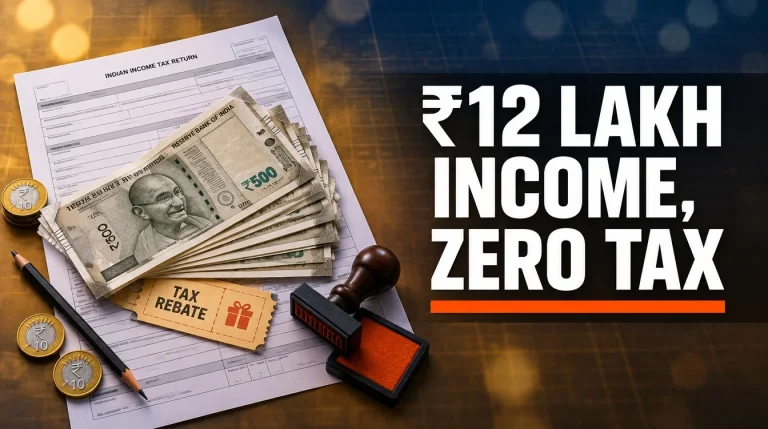 Section 87A rebate India 2026: ITR form and rupee notes with headline ₹12 lakh income, zero tax under new regime