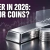 Silver investment India 2026: silver bar and coins beside a floating price chart card, headline silver ETF or coins