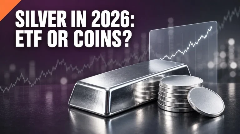 Silver investment India 2026: silver bar and coins beside a floating price chart card, headline silver ETF or coins