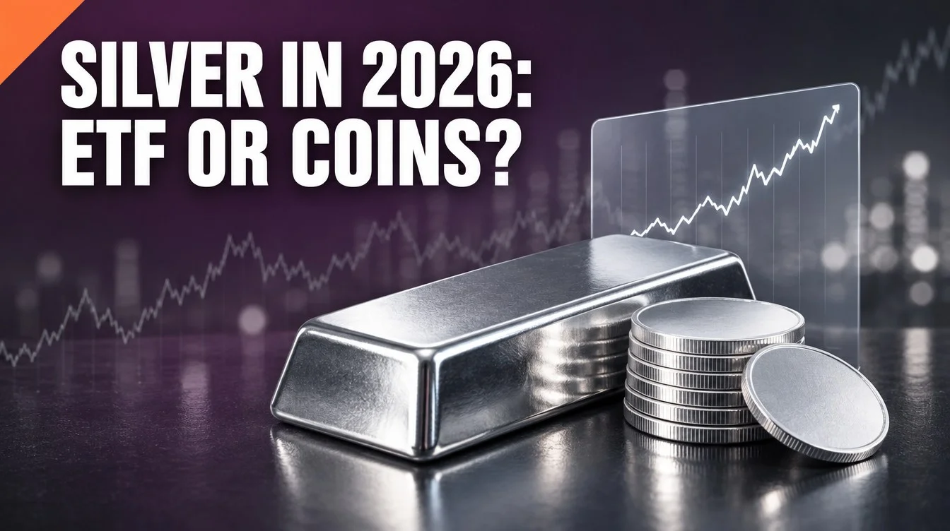 Silver investment India 2026: silver bar and coins beside a floating price chart card, headline silver ETF or coins