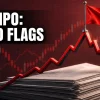 Red warning flag on a spiking-then-falling stock chart over a blank prospectus, SME IPO red flags India 2026