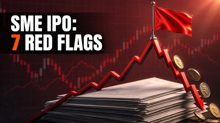 Red warning flag on a spiking-then-falling stock chart over a blank prospectus, SME IPO red flags India 2026