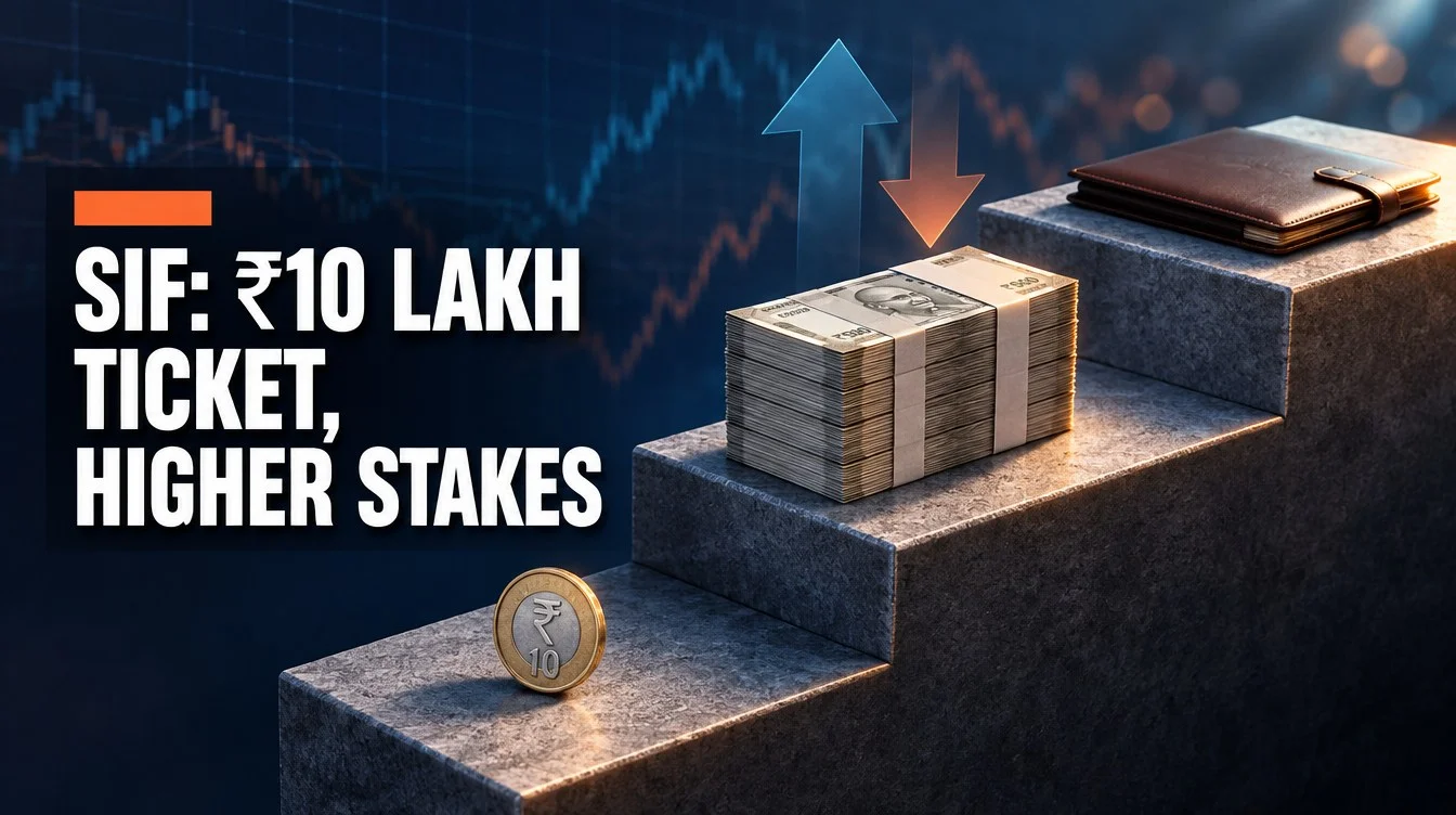 Specialized investment funds India 2026: ₹10 lakh note stack on middle step of three-tier staircase, SIF headline