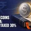 Dollar-sign stablecoin standing on a rulebook beside a gavel, showing India's 30% VDA tax rules for stablecoins 2026