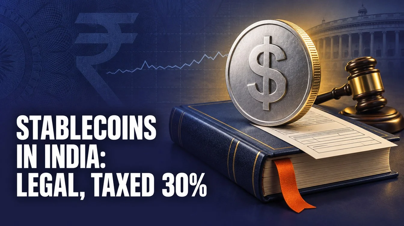 Dollar-sign stablecoin standing on a rulebook beside a gavel, showing India's 30% VDA tax rules for stablecoins 2026