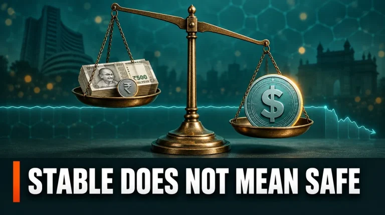 Dollar-pegged stablecoin tilting on a balance scale against rupee notes, showing stablecoin risks and India rules 2026