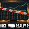 Toll barrier lowered across a trading screen with rupee coins: STT hike India Budget 2026 cost for F&O traders and investors