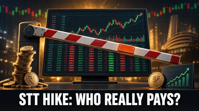 Toll barrier lowered across a trading screen with rupee coins: STT hike India Budget 2026 cost for F&O traders and investors