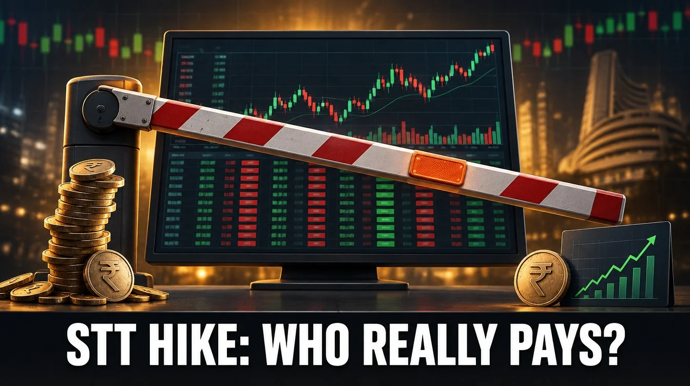 Toll barrier lowered across a trading screen with rupee coins: STT hike India Budget 2026 cost for F&O traders and investors